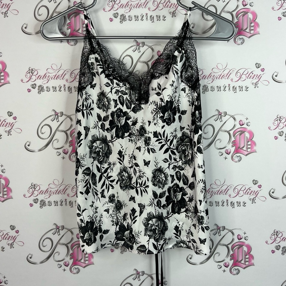 Victoria's Secret tank top lace up ribbon flowers Black and White Floral Cami